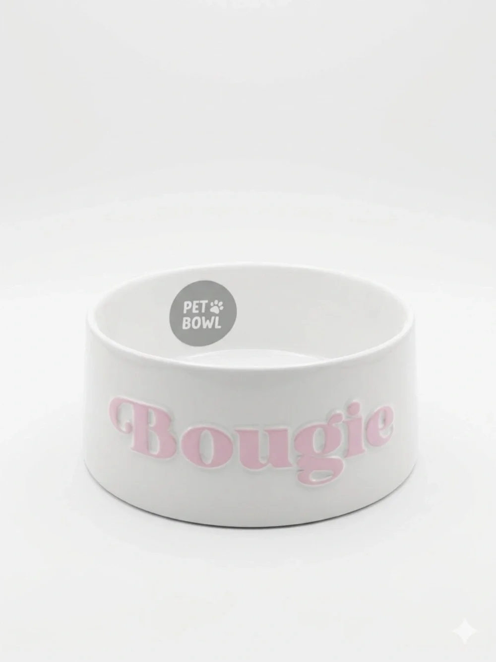 'Bougie'Pet Bowl Ceramic Dog Bowl with Pink 'Bougie' Lettering